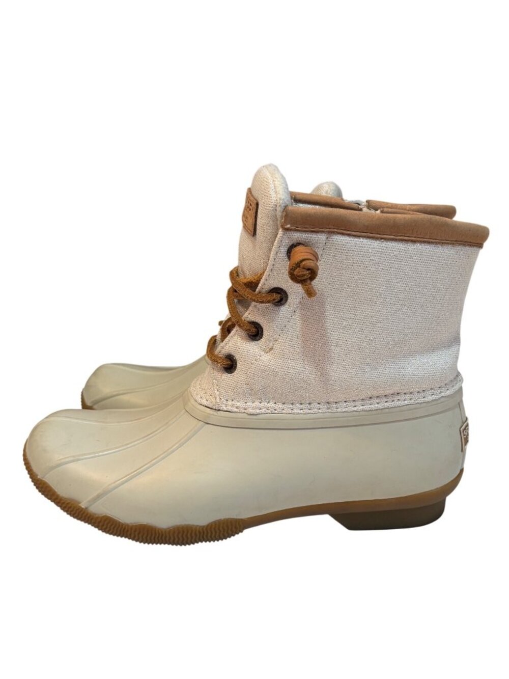 Sperry Womens  Duck Boots Size 6.5 Beige & Tan Waterproof Rubber Sole & Canvas U - Picture 6 of 10